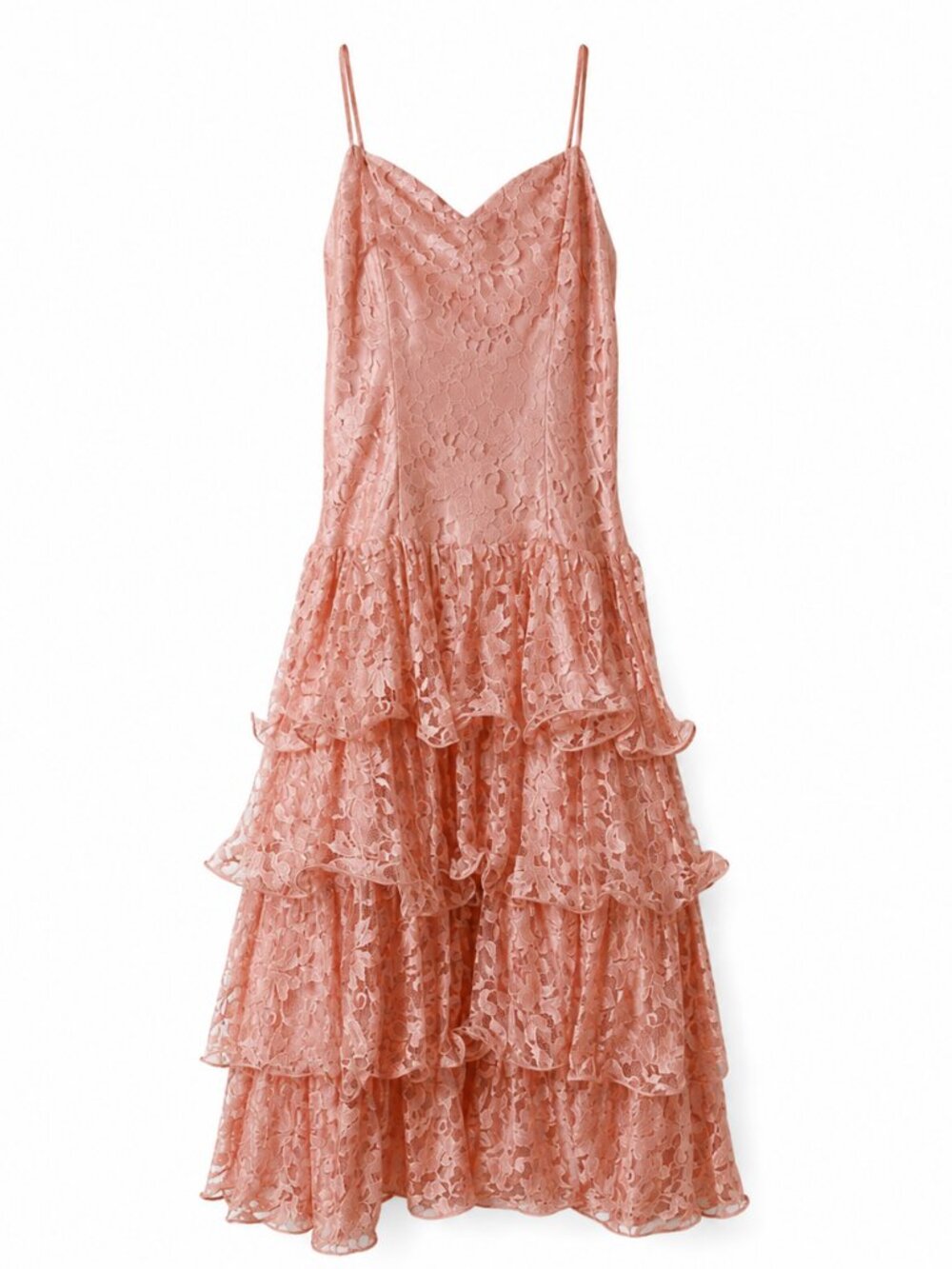 Pink Floral Lace Spaghetti Strap Tiered Formal Prom Maxi Dress Made Romania XS
